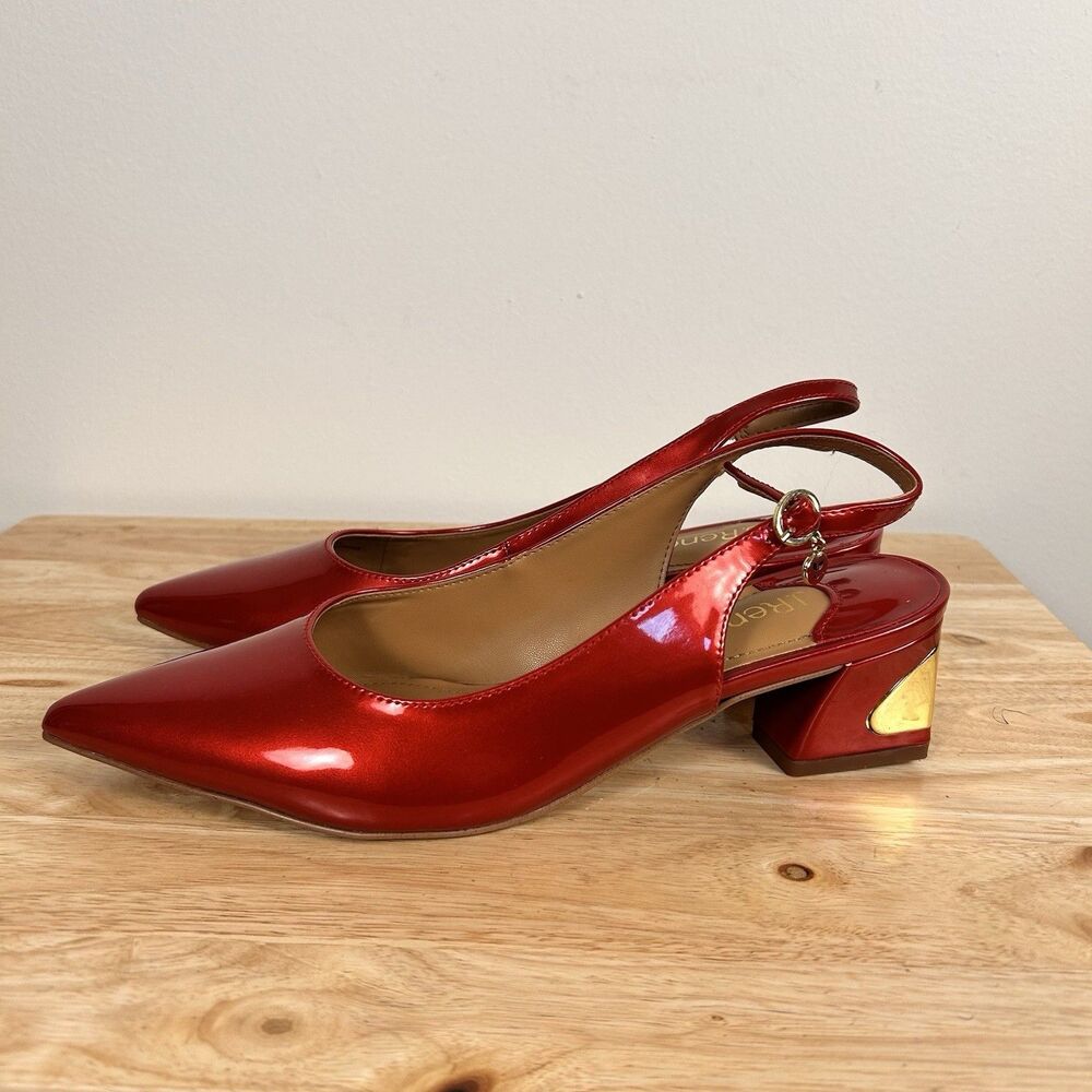 J Renee Red Patent Slingback Heels 9M Gold Block Heel Pointed Toe Dress Shoes - Picture 2 of 9